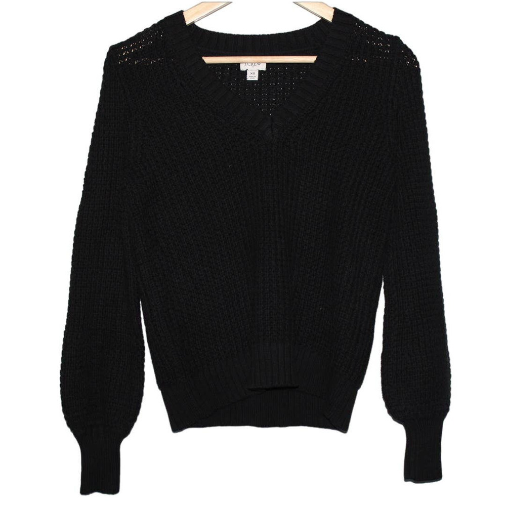 Women's J. Crew Textured Cotton Sweater Black Pullover V-Neck Sweater Size XS